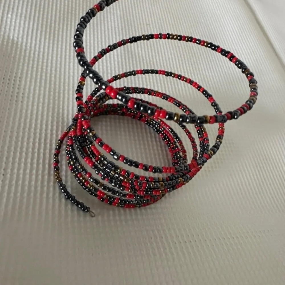 Multi Strand Red and Black Seed Bead Coil Bracelet Set